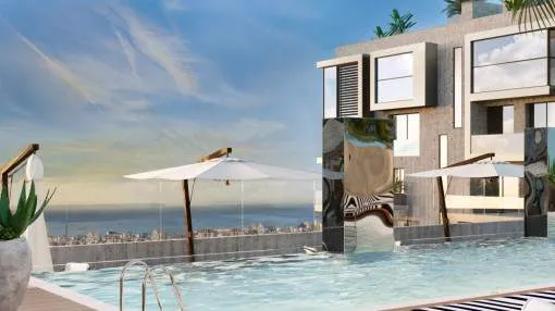 Neubau-Penthouse mit 2 SZ, privater Dachterrasse, Jacuzzi und Meerblick in Nou Llevant, Palma