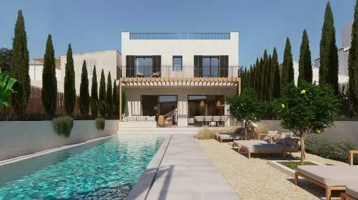 Erstklassiges Neubaustadthaus mit mediterranem Garten und Pool in Ses Salines