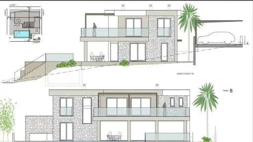 Strandnahes Grundstück mit genehmigtem Projekt für ein modernes Haus mit Pool in Cala Mandia